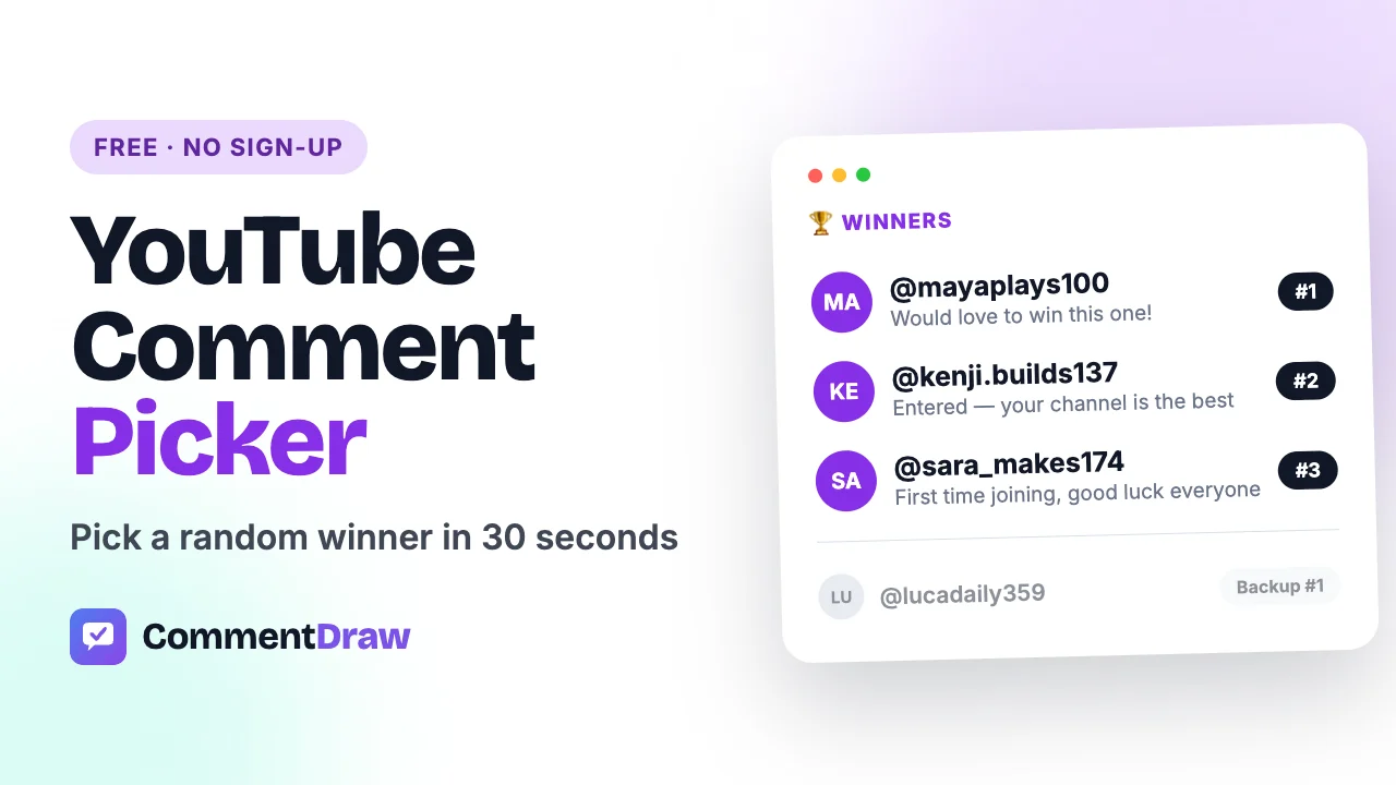 CommentDraw demo video — three winners and one backup drawn from a YouTube video's comments
