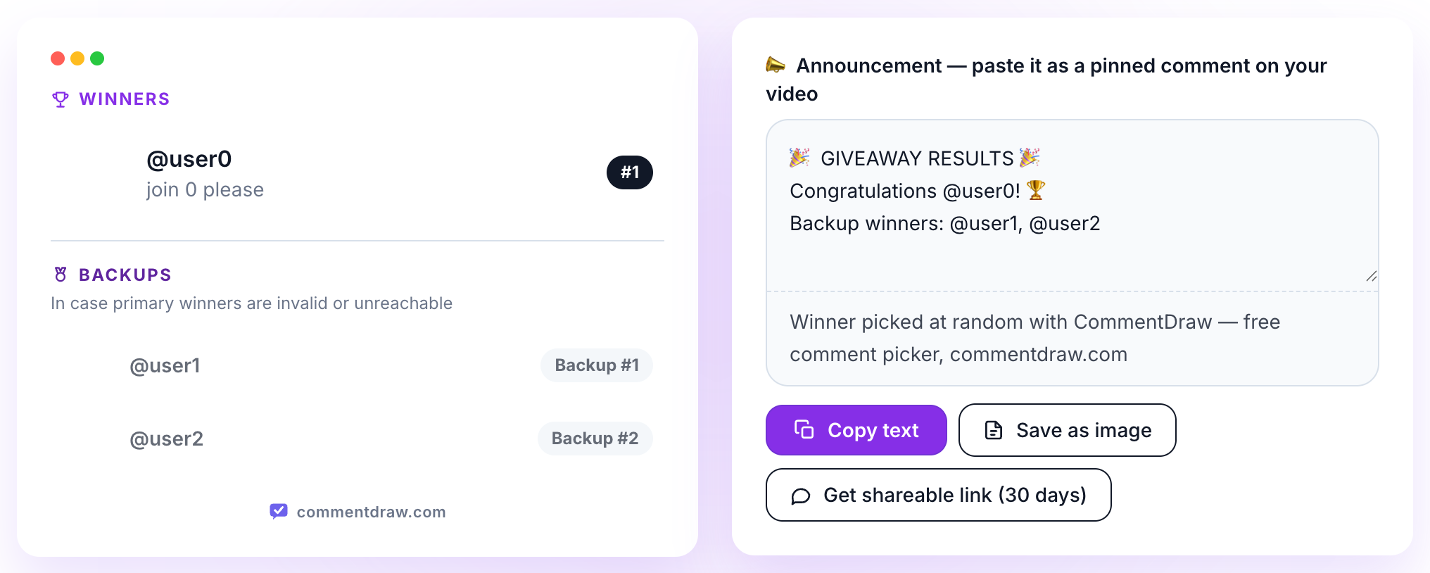 CommentDraw result card showing a drawn winner with their comment and two backup winners